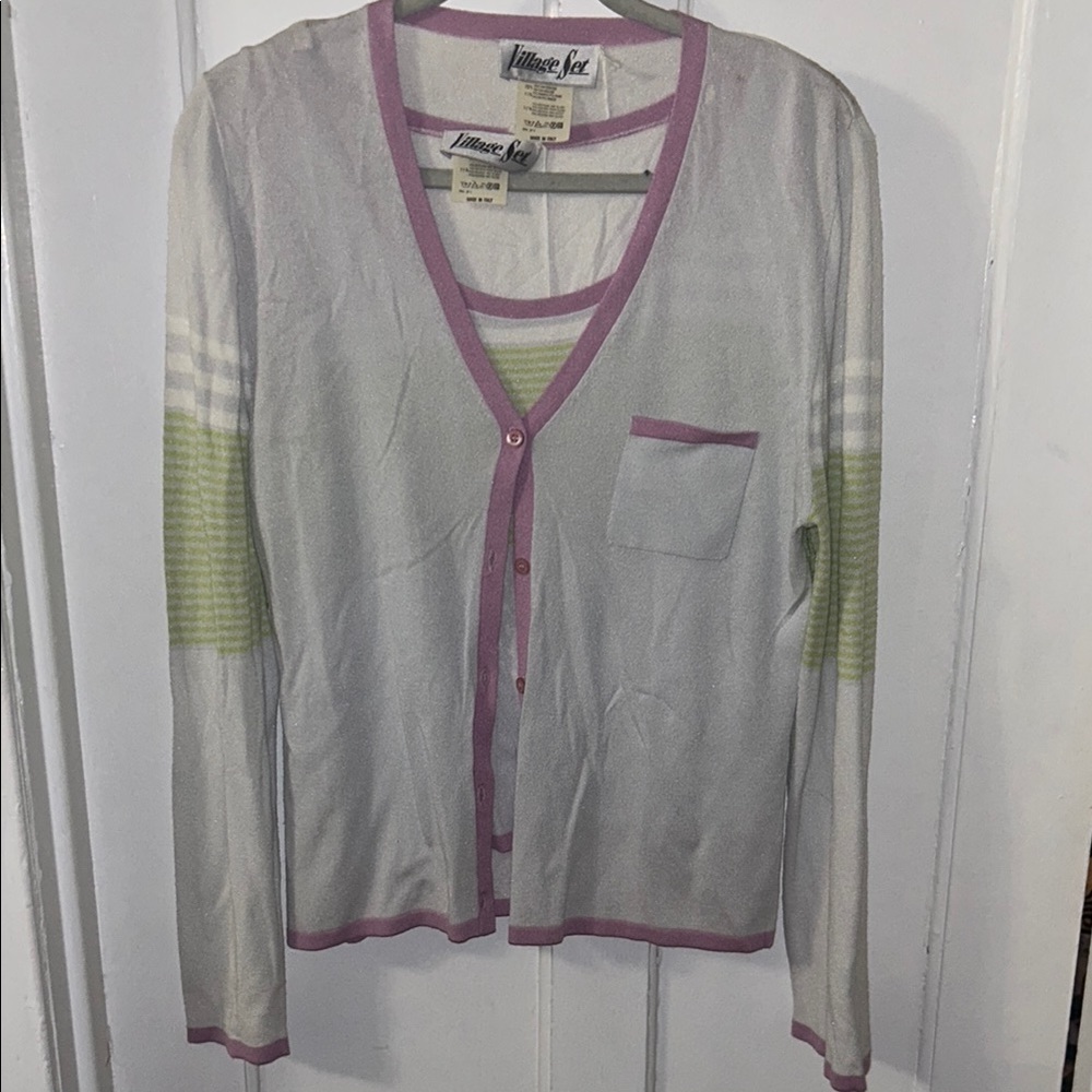 Village Set Two Piece Tank and Cardigan - White and Lavender Print